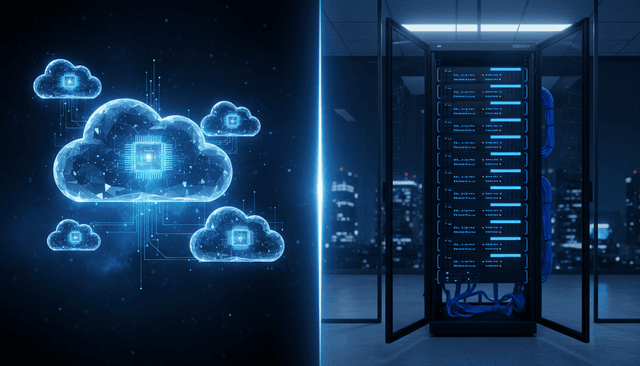 A modern split-screen workspace showing glowing cloud servers on one side and a sleek physical server rack on the other, representing hosting choices