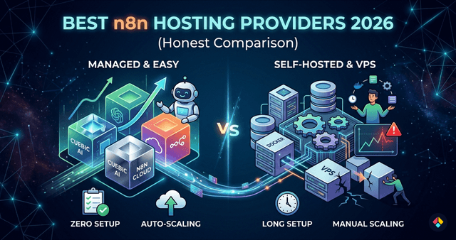 Illustration comparing the best n8n hosting providers in 2026, including managed cloud hosting and self-hosted infrastructure options with differences in pricing, flexibility, scalability, and deployment experience.