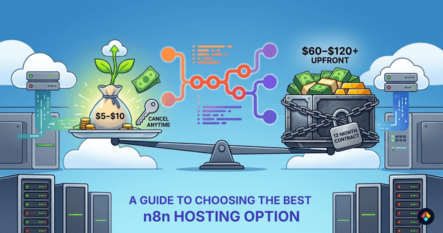 Illustration showing different n8n hosting options with connected workflow elements, cloud infrastructure, and automation concepts for choosing the best n8n hosting solution.