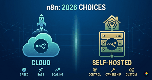 Illustration comparing n8n Cloud and self-hosted n8n deployment options in 2026, highlighting differences in setup, control, pricing, and infrastructure management.