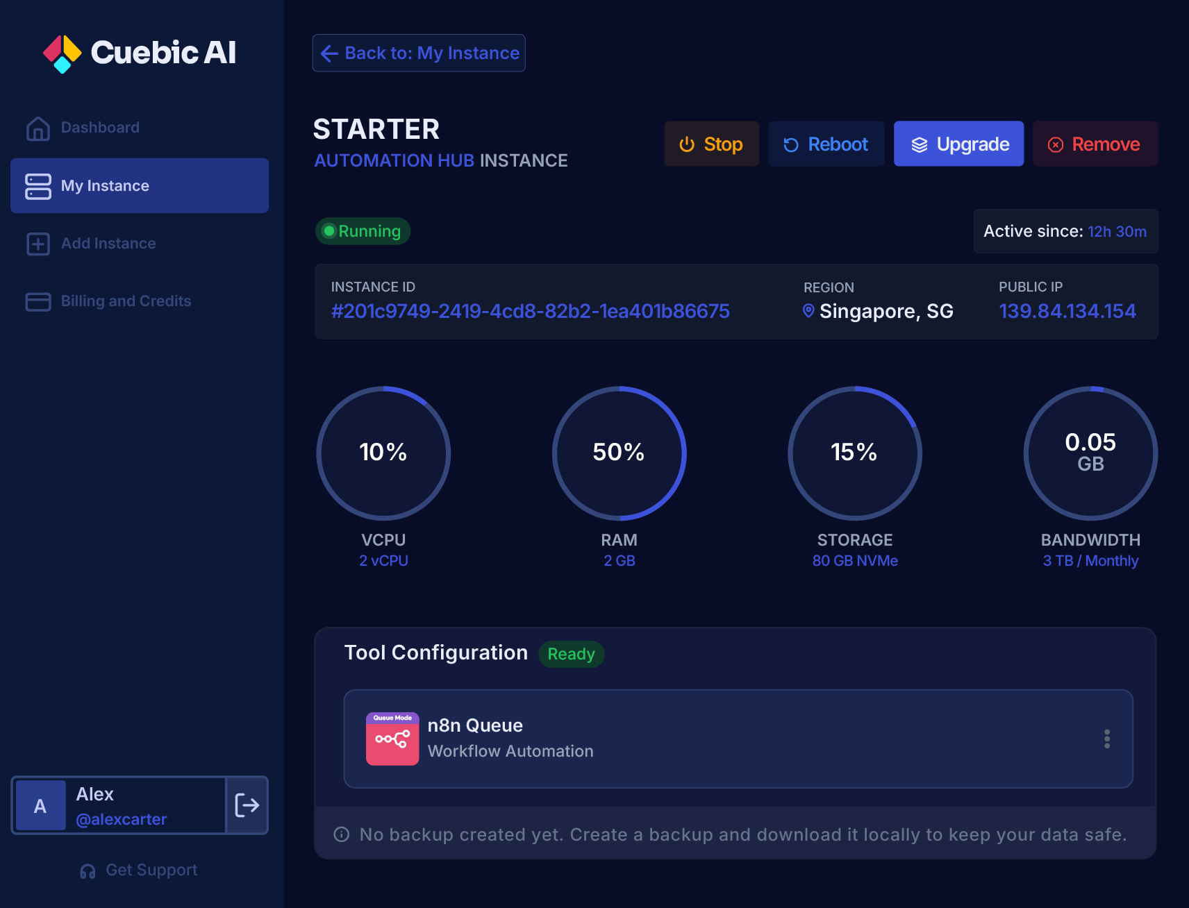 Cuebic AI dashboard for managing deployed instances and server settings
