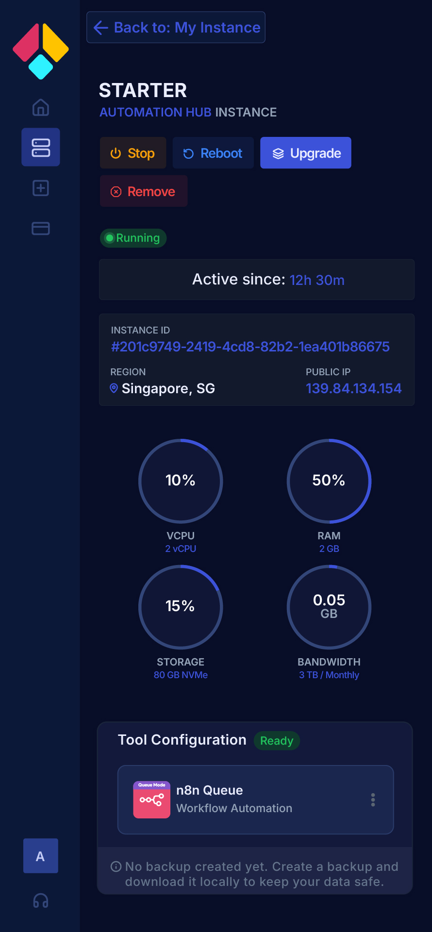 Responsive Cuebic AI dashboard on mobile for managing deployed instances and server settings